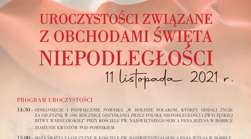Plakat informacyjny dotyczący uroczystości związanych z Świętem Niepodległości., które bedzie miało miejsce 11 listopada br. w Bóbrce.